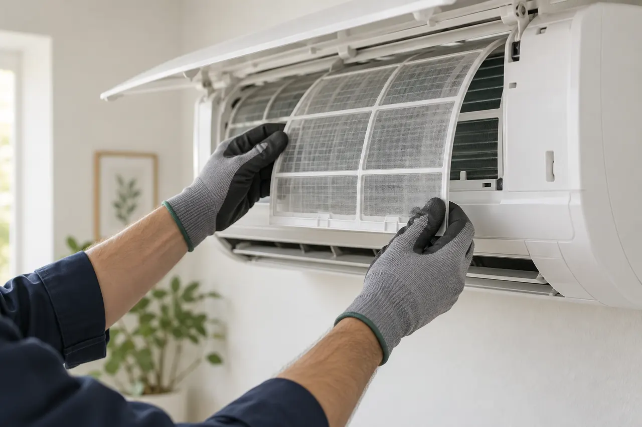 Illustration d’un technicien retirant un filtre de climatisation pour son entretien